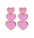 Roze glas kralen oorhangers met 3 harten en een heldere strass rand