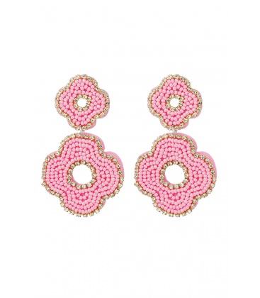 Oorbellen kralen dubbele bloem roze 