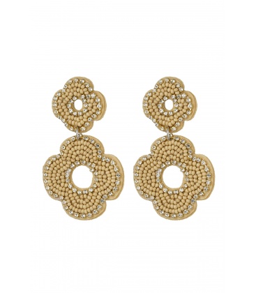 Beige glas kralen in de vorm van 2 bloemen en een heldere strass srand