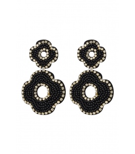 Zwarte kralen oorhangers in de vorm van 2 bloemen en een heldere strass rand