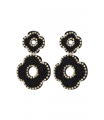 Zwarte kralen oorhangers in de vorm van 2 bloemen en een heldere strass rand