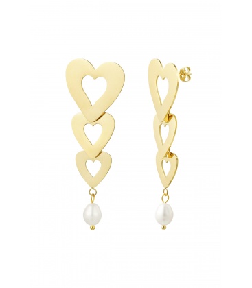Oorbellen 3 hartjes met parel goudkleurig