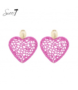 Schattige roze harten oorhangers van raffia - Sweet7