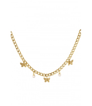 Goudkleurige halsketting met vlinders en pareltjes