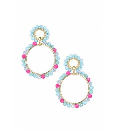 Goudkleurige oorhangers met blauw/roze glas kralen