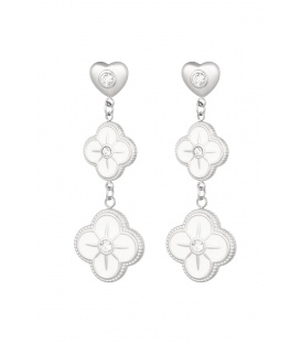 Elegante Zilverkleurige Oorhangers met 2 Grote Bloemen en een Hartje als Oorstukje - Voeg Romantiek toe aan je Look!