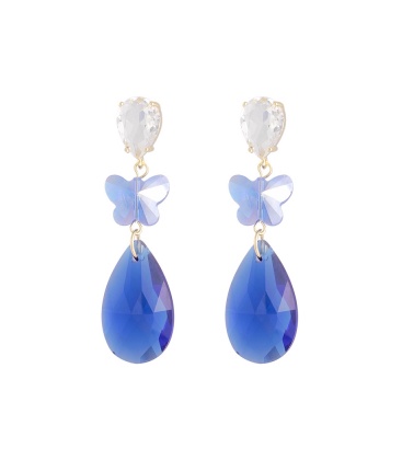 Blauwe oorhangers met een vlinder en een ovale glas hanger