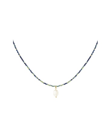 Donker blauwe glas kralen halsketting met parel als hanger