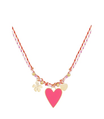 Gekleurde halsketting met een roze hart bedel en goudkleurige accenten