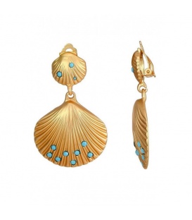 Goudkleurige schelpen oorclips met blauwe kristallen
