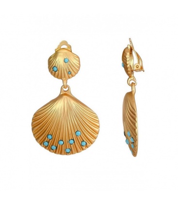 Goudkleurige schelpen oorclips met blauwe kristallen