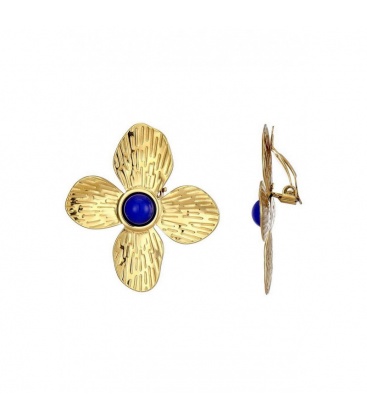 Oorclips goudkleurig in bloemvorm met een blauw steentje