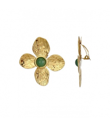 Goudkleurige bloemen oorclips met een groen hart