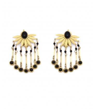 Goudkleurige oorclips met hangertjes en zwarte steentjes