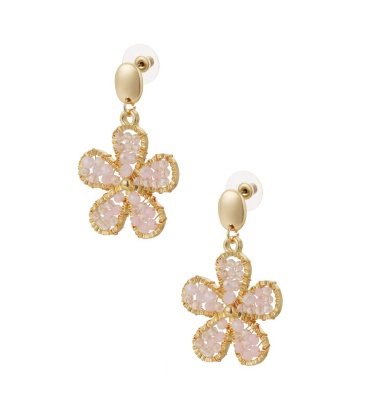 Goudkleurige oorhangers met bloemen bedel en roze glas steentjes