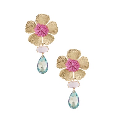 Gekleurde oorhangers met een goudkleurige bloem als oor stukje