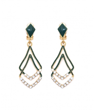 Groene oorclips met een dubbele hanger en helder stass steentjes