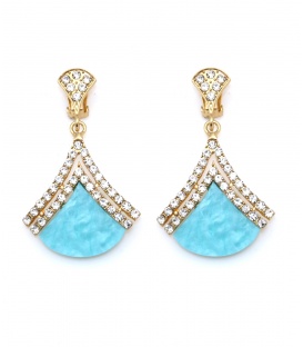 Goudkleurige oorclips met een blauw vlak en heldere strass steentjes