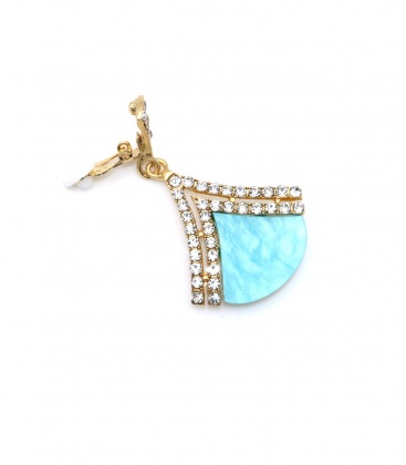 Goudkleurige oorclips met een blauw vlak en heldere strass steentjes