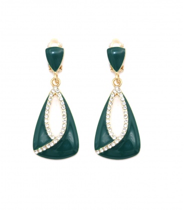 Groene oorclips met een heldere strass rand in het midden van de hanger