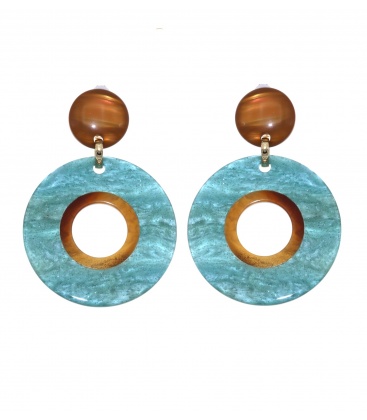 Turquoise oorclips met een bruine rand in het midden en oor stukje