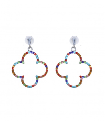 Fijne oorclips in bloemvorm met gekleurde strass steentjes in de rand