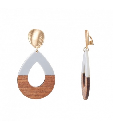 Witte hars oorclips met hout 