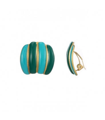 Turquoise met groene oorclips met goudkleurige strepen