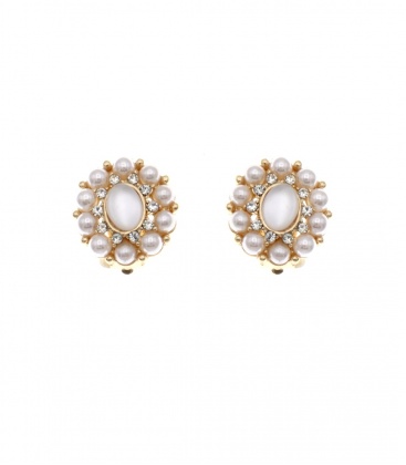 Goudkleurige oorclips met pareltjes en strass steentjes