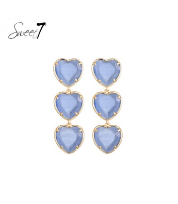 Blauwe oorhangers met 3 harten en cat eye stenen