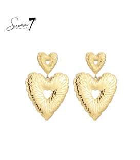 Goudkleurige harten oorhangers met een streep motief