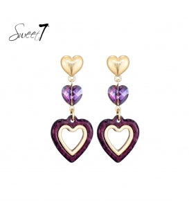 Paarse oorhangers met 3 harten harten en een goudkleurig detail