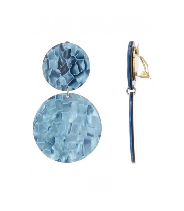 Oorclips blauw met een gemarmerd en grote ronde hanger