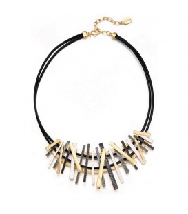 Halsketting met zwart leer en metalen staafjes