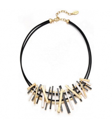 Halsketting met zwart leer en metalen staafjes