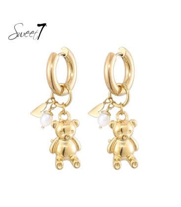 Goudkleurige oorbellen met een teddybeer en pareltje