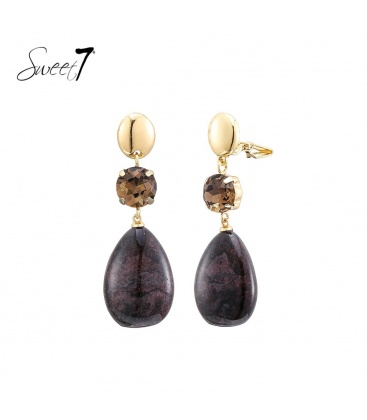 Oorclips bruin elegante hanger in druppelstijl en steentje