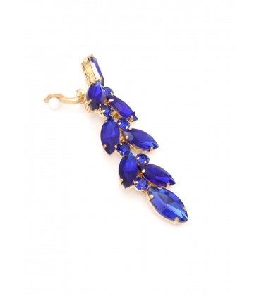 Prachtige blauwe lange oorclips met glas steentjes in goudkleurige setting