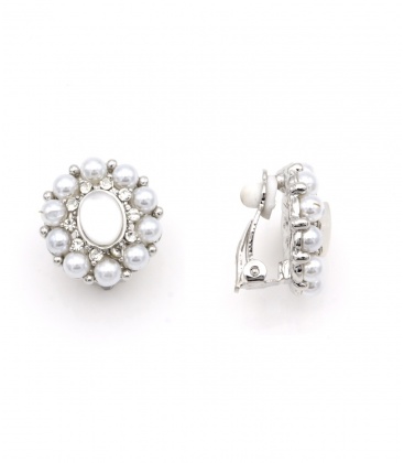 Oorclips wit met imitatieparels en glas steentjes