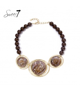 Bruine kralen halsketting met 3 elementen en goudkleurige cirkels