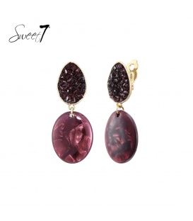 Oorclips bordeaux rood met glas steentjes en ovale hanger