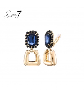 Oorclips blauwe met glas steentjes en goudkleurige hanger