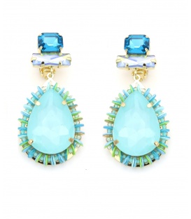 Oorclips met turquoise druppel steen en blauwe kristallen