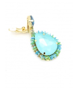 Oorclips met turquoise druppel steen en blauwe kristallen