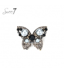 Broche vlinder met parels en zwarte kristallen