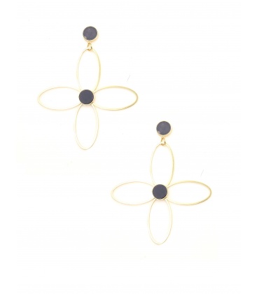 Goudkleurige bloemen oorbellen met zwarte details