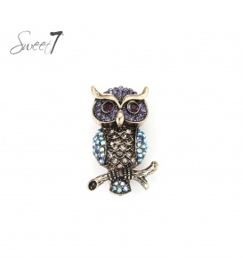 Antiek goudkleurige uil broche met gekleurde glas steentjes