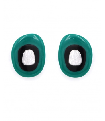 Groen met zwarte ovale oorclips met Zilverkleurige inleg