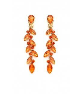 Prachtige oranje lange oorclips met glas steentjes in goudkleurige setting