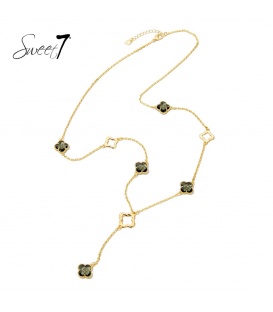 Goudkleurige lange halsketting met taupe kleurige klavers